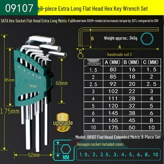 SATA 9-Piece Extra Long Metric Hex Key Set, Ball End, Stainless Steel, Flat Head