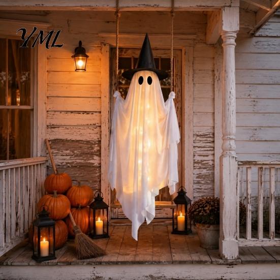 Halloween Party Prop for Trees Hanging Swing Ghost Decoration with Witch Hat, Spooky Outdoor Decor Seasonal Festive Yard Ornament String Light