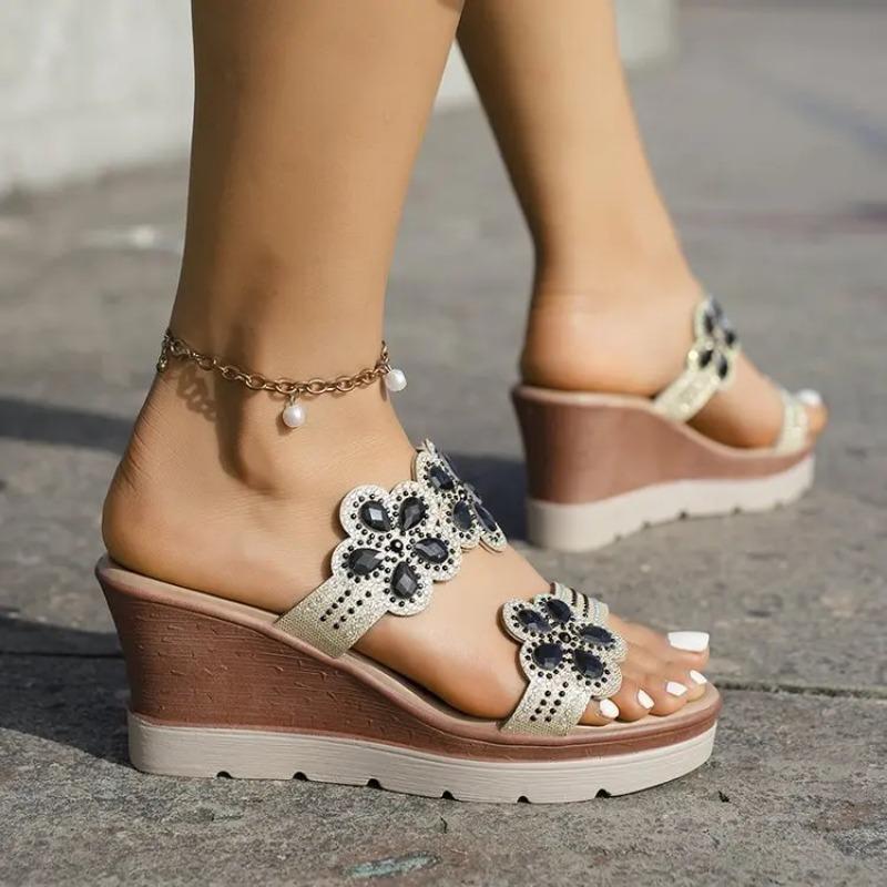 Round Toe Wedges Casual Open Toe Comfort Spring/Summer Rhinestone Embellish Slipper Party Plus Size 35-43 for Everyday Wear