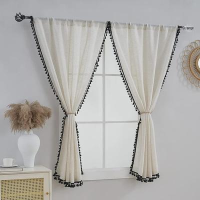 Natural Semi-Transparent Short Curtain - Polyester Linen Blend, Retro Style