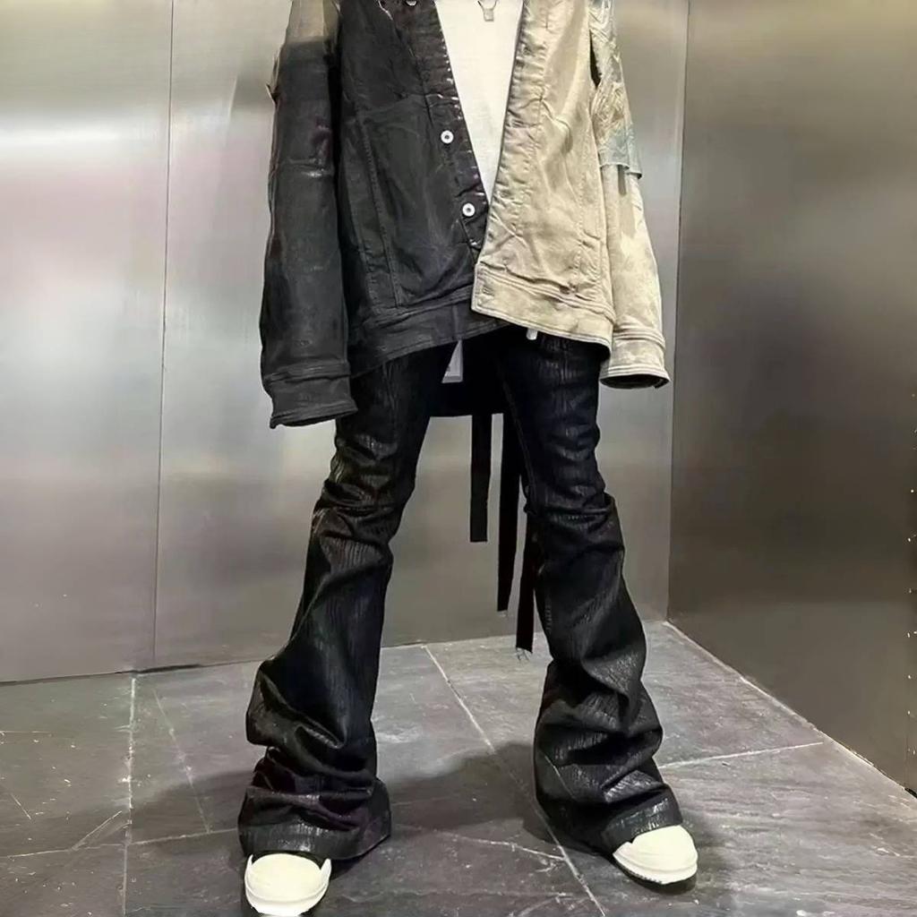 ZYLLO Streetwear Black Wax Leather Strecth Jeans for Men Ropa Hombre Baggy Y2k Flare Pants Oversized Straight Denim Trousers