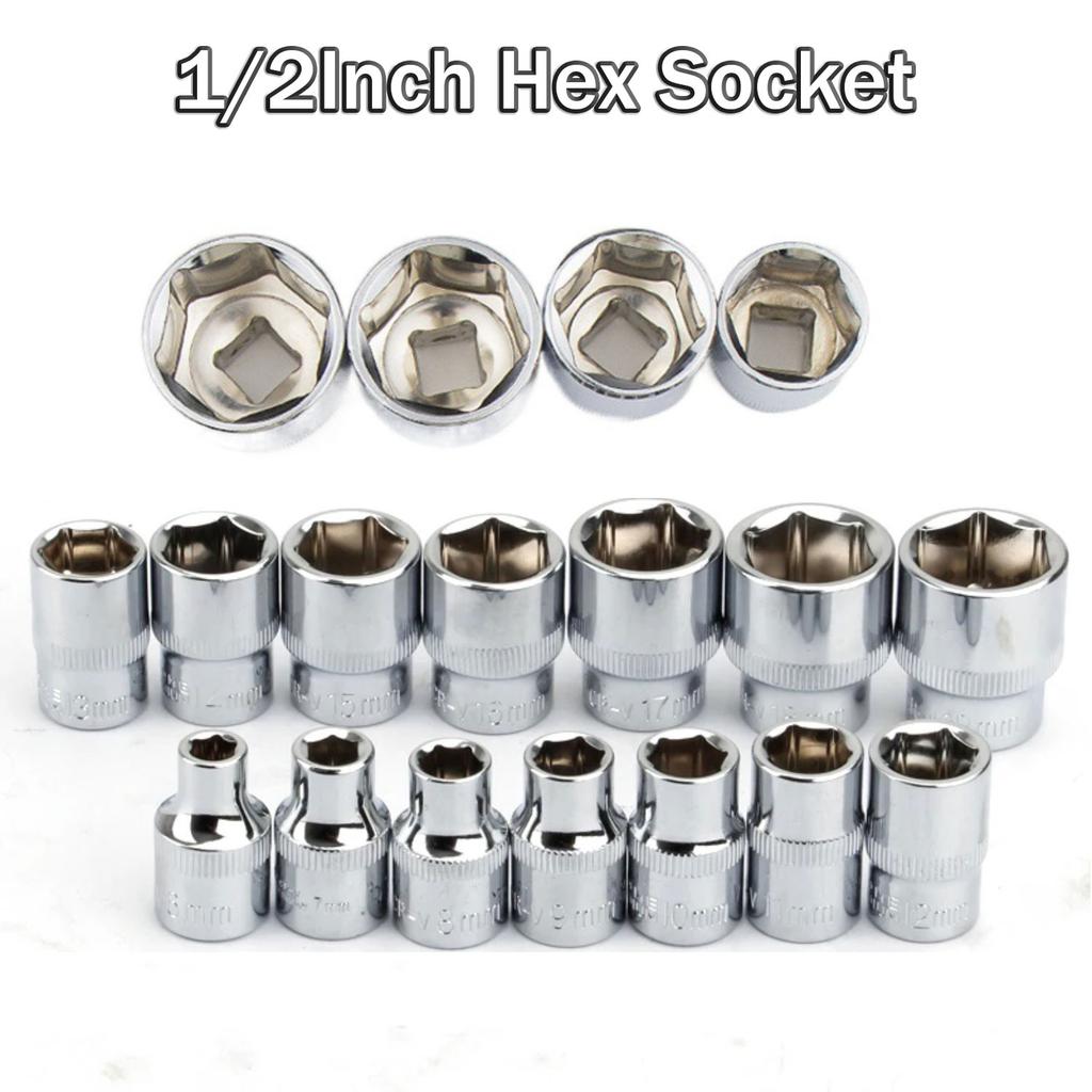 1pc 8-32mm Hex Socket Wrench Head Set 1/2 Short Long Socket Deep Nut Driver Sleeve Spanner End Ratchet Tool With Holder
