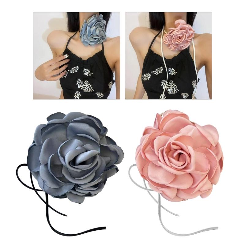 Exaggerated Flower Rope Necklace Eye catching Tie Up Floral Choker Chain Jewelry for Women Elegant Flower Necklace