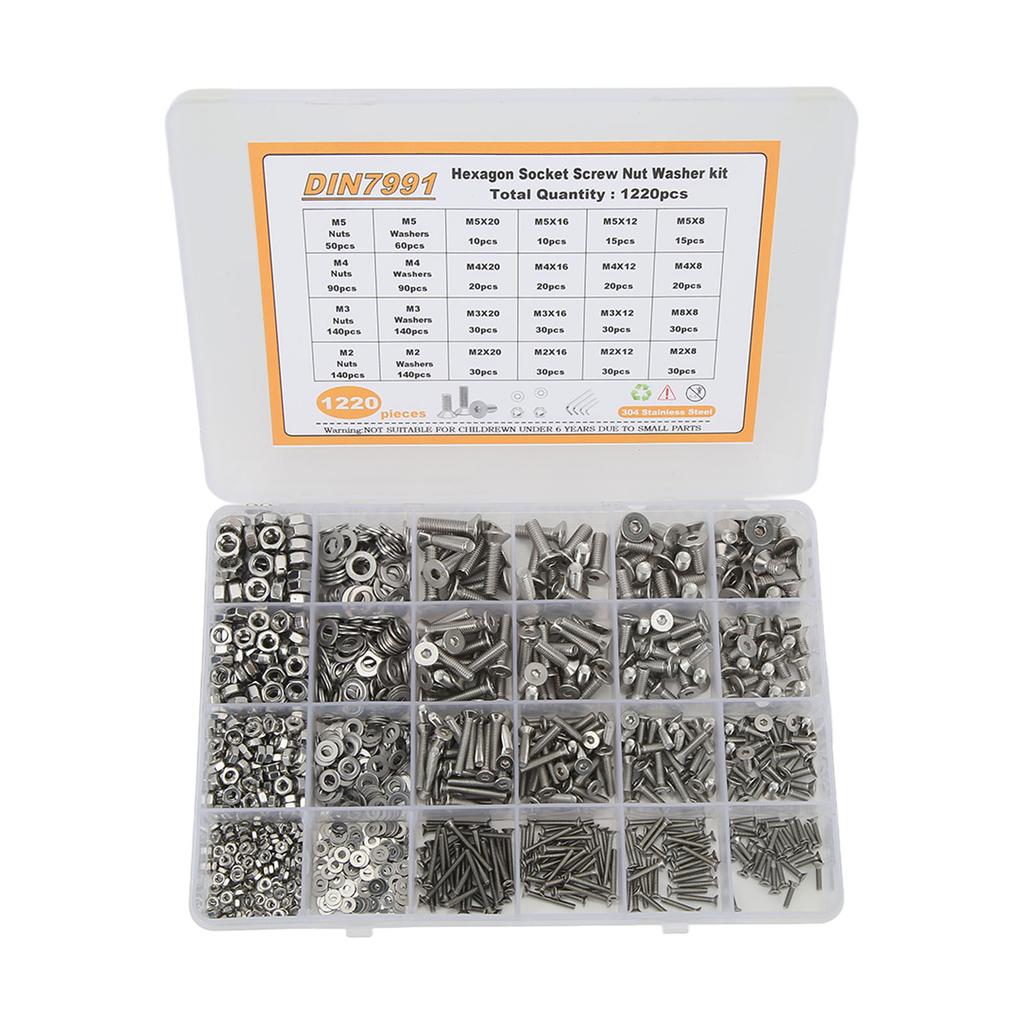 1220PCS Screw Nut Washer Kit Flat Head Hex Socket 304 Stainless Steel M2 M3 M4 M5 Screw Assembly Kit