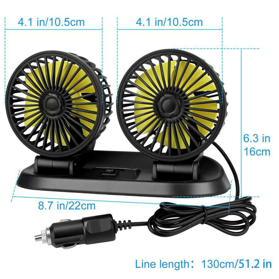 12V Black Car Folding Dual Head Fan 360° Rotatable Auto Cooler Air Fan Low Noise