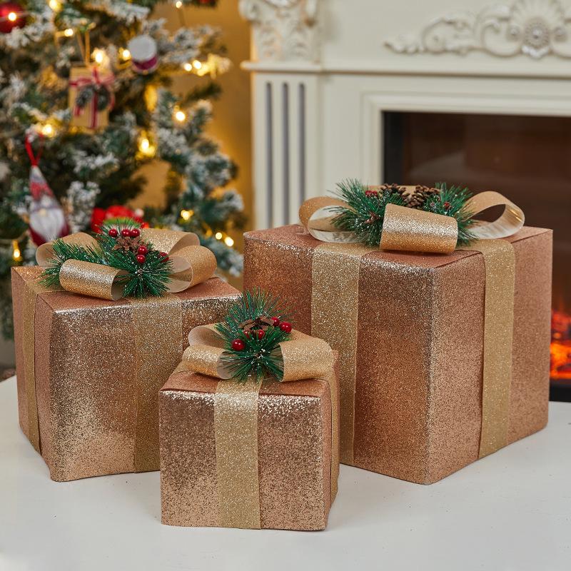 Luminous Wrought Iron Christmas Gift Box Decoration Set with Lights