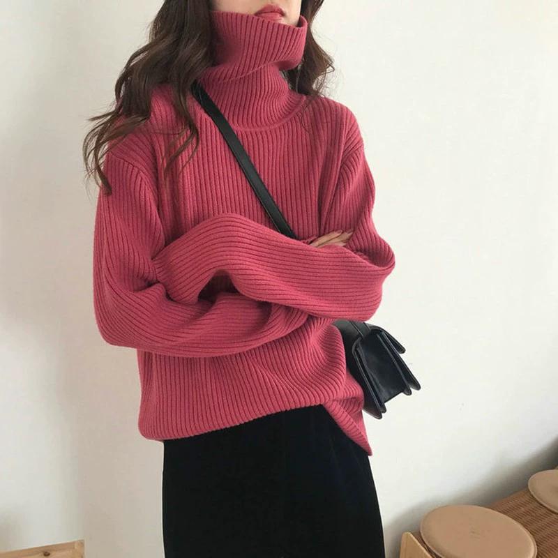 Autumn and Winter Turtleneck Thickened Pit Sweater Women's Large Size Loose Lazy Style Retro Thin Knitted Bottoming Shirt Women