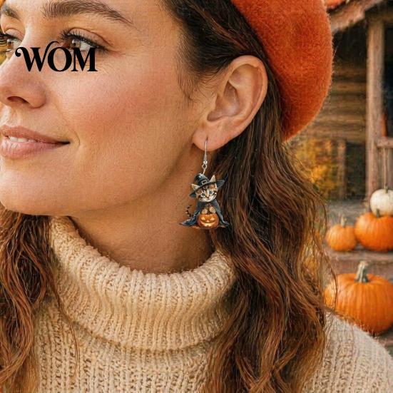 Curved Ear Hooks 1 Pair Halloween Witch Cat Earrings for Women, Acrylic Cute Anti-rust Metal Kitten Dangle Drop with Pumpkin, Party Costume