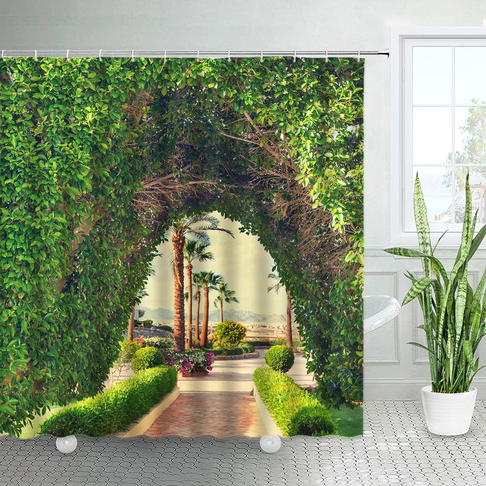 Spring Rural Landscape Shower Curtains Set Pink Flowers Tree Forest Natural Floral Green Plant Scenery With Hooks Bathroom Decor