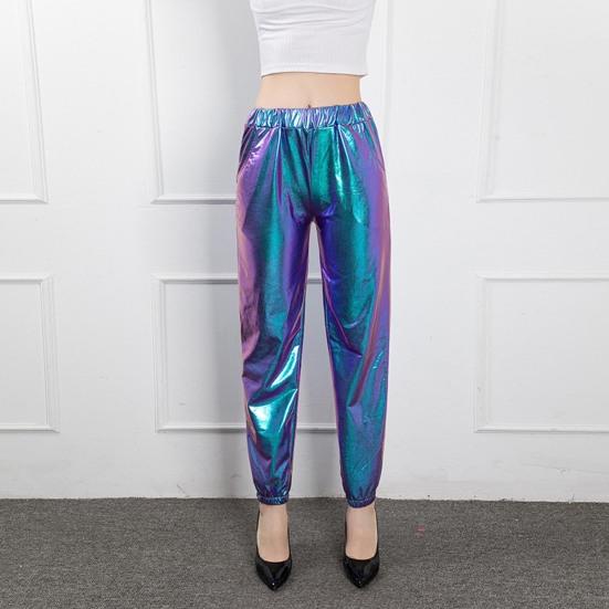 Women Pants High Waist Glossy Elastic Waist Ankle-banded Slim Fit Clubwear Stage Performance Fancy Colors Hip Hop Harem Trousers