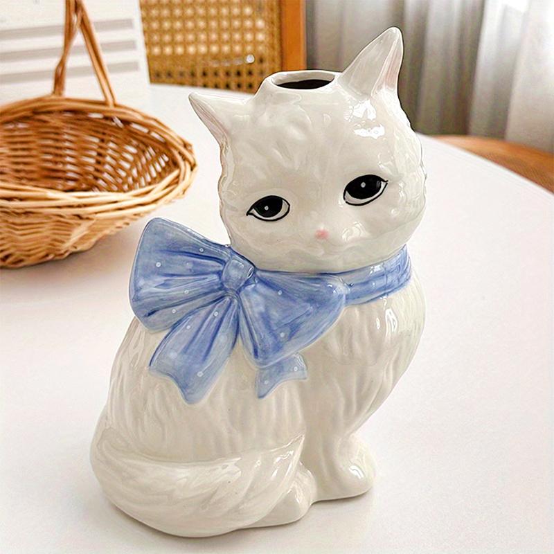 1PC Decoration Cat Lover Gifts Ceramic Vase Hand-Drawn Polka Dot Bow Tie Cute Small Diameter Aesthetic Cat Shape Artistic 20x14cm