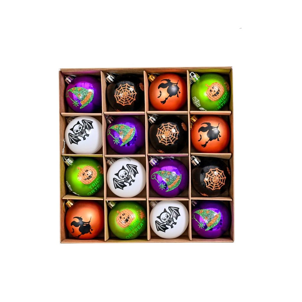 Dark Skeleton Pumpkin Ball Set 6cm - Halloween Painted Electroplated Ornaments for Party Tree Hanging Porch Decor