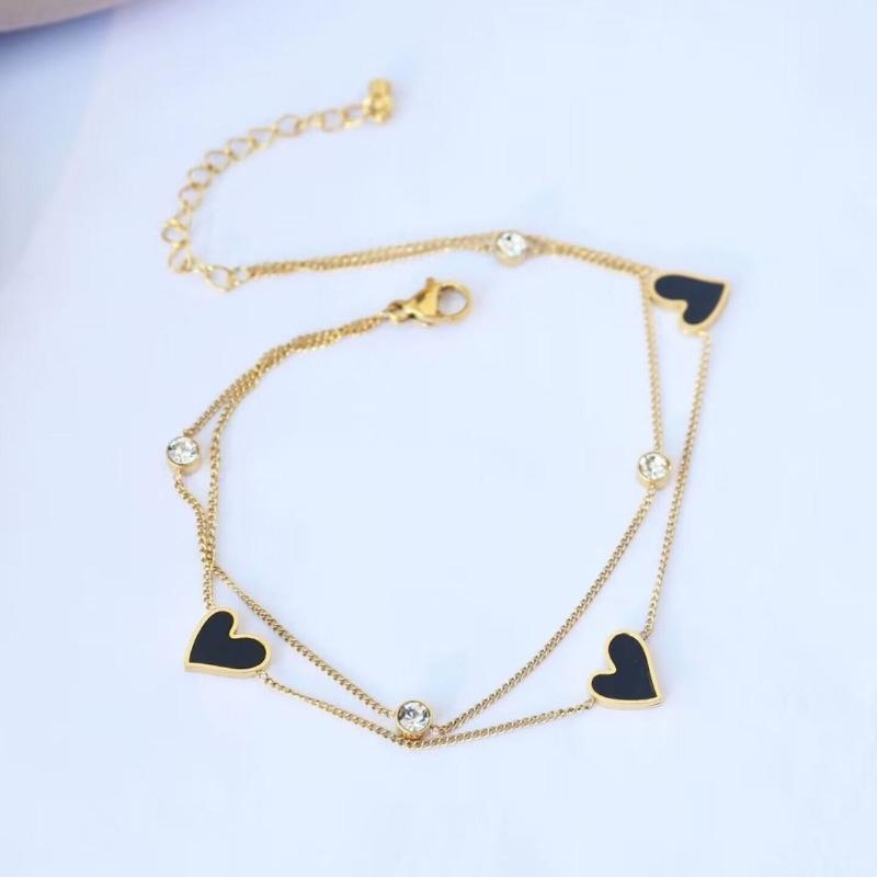Gold Plated Stainless Steel Double Layer Black Heart CZ Anklet
