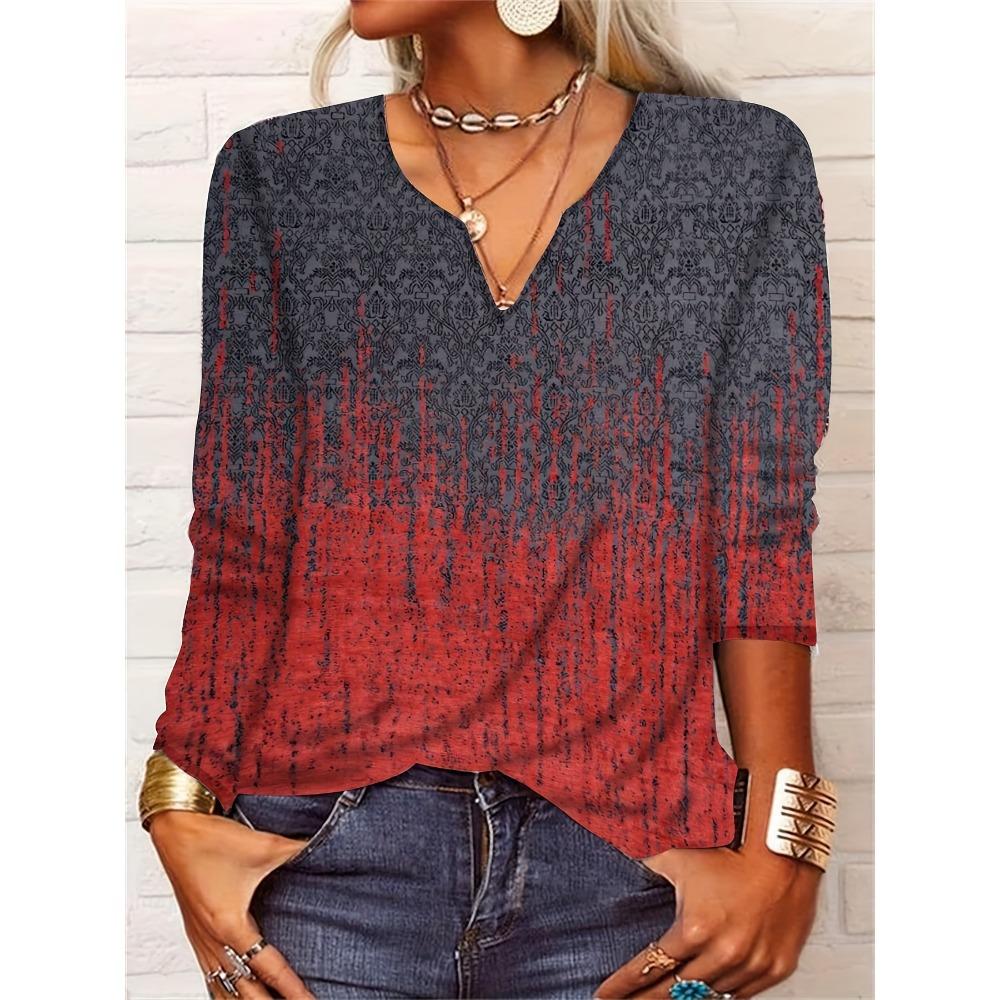 GMXIA Autumn Loose Long Sleeve Flower Bold V-neck T-shirt Base for Women