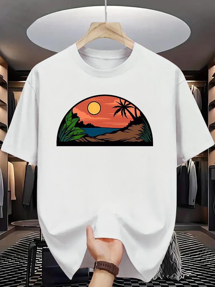 Unisex O Neck Tee Sunset Beach Palm Tree Scene Print Cotton Short Sleeve Loose Summer Street Breathable Daily Casual Basic Wear Top