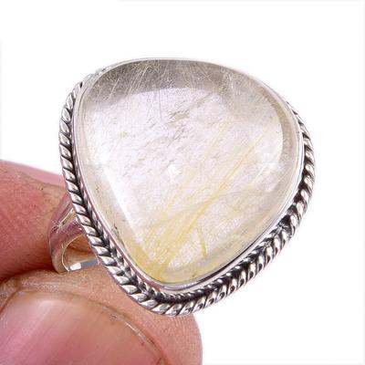 Natural Golden Rutile Gemstone Handmade 925 Solid Silver Jewelry Ring S.9 J7C76