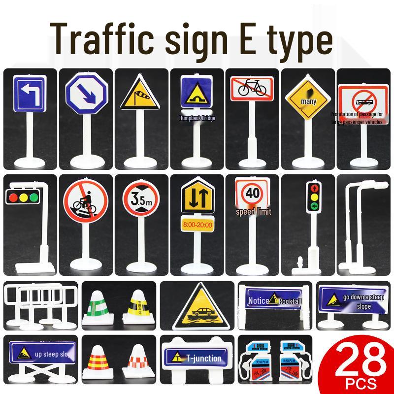 Children's DIY Model Parking Scene with 28-Piece Road Signs and Traffic Signposts Set, Including Free Gifts.