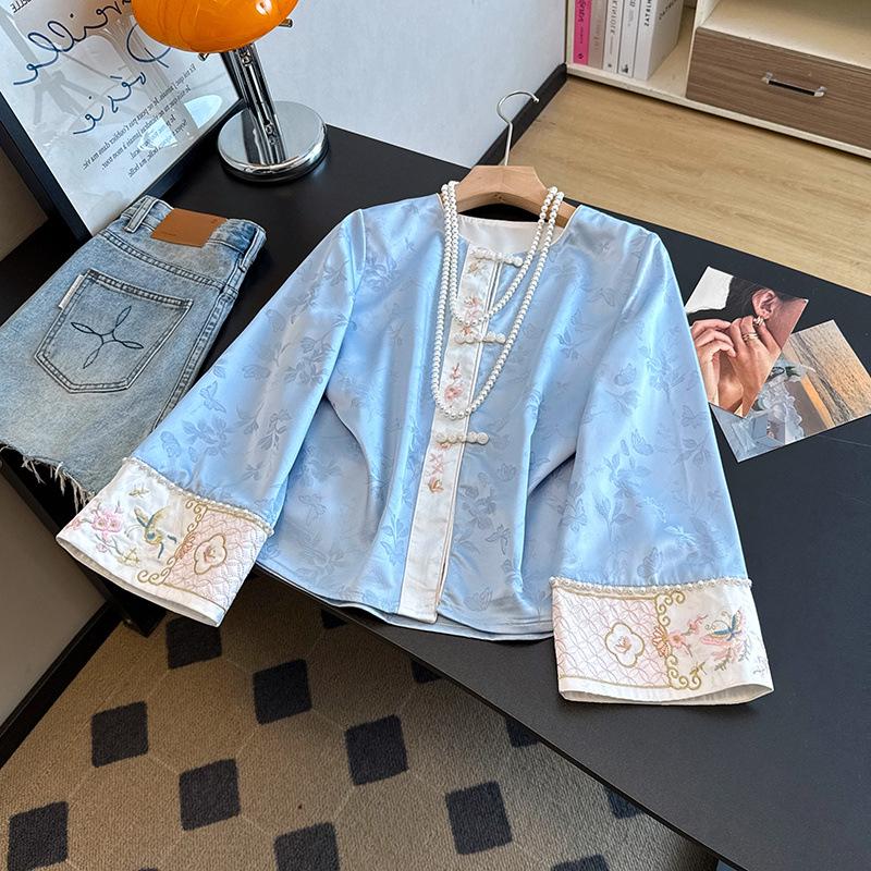 Elegant Anti-aging Plus Size Spring/Summer Round Neck Embroidered Satin Jacket for Moms Small синий