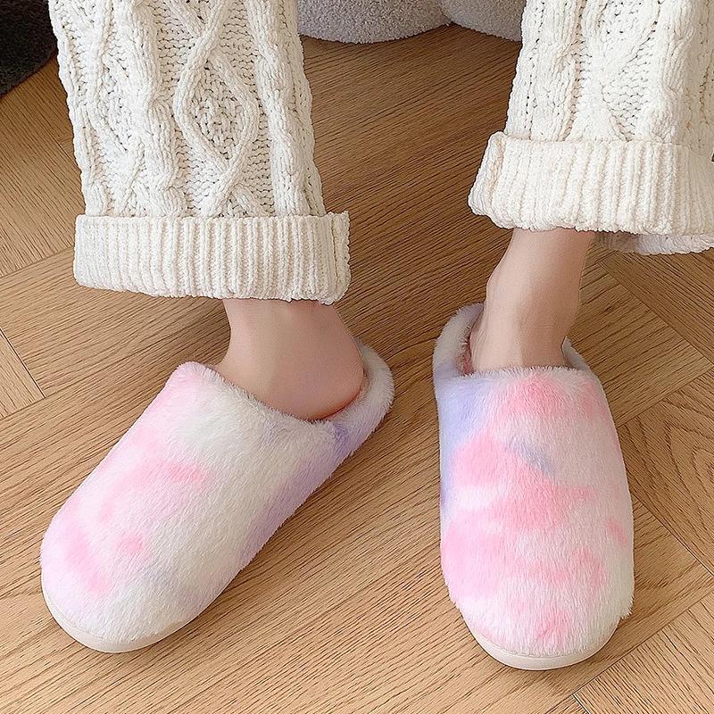 Tie Dye Fluffy Slippers for Women's New Winter Comfortable Warm Plush Indoor Home for Fashion Gradient Soft Fluffy Slippers