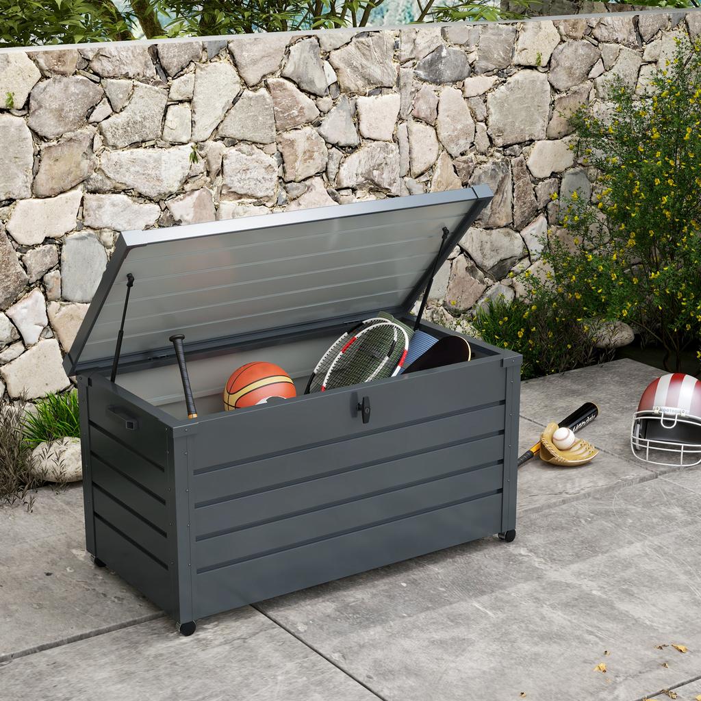 Outdoor storage box, 311 L, gas strut, wheels, handle, galvanized steel, 120 x 62 x 66 cm, grey