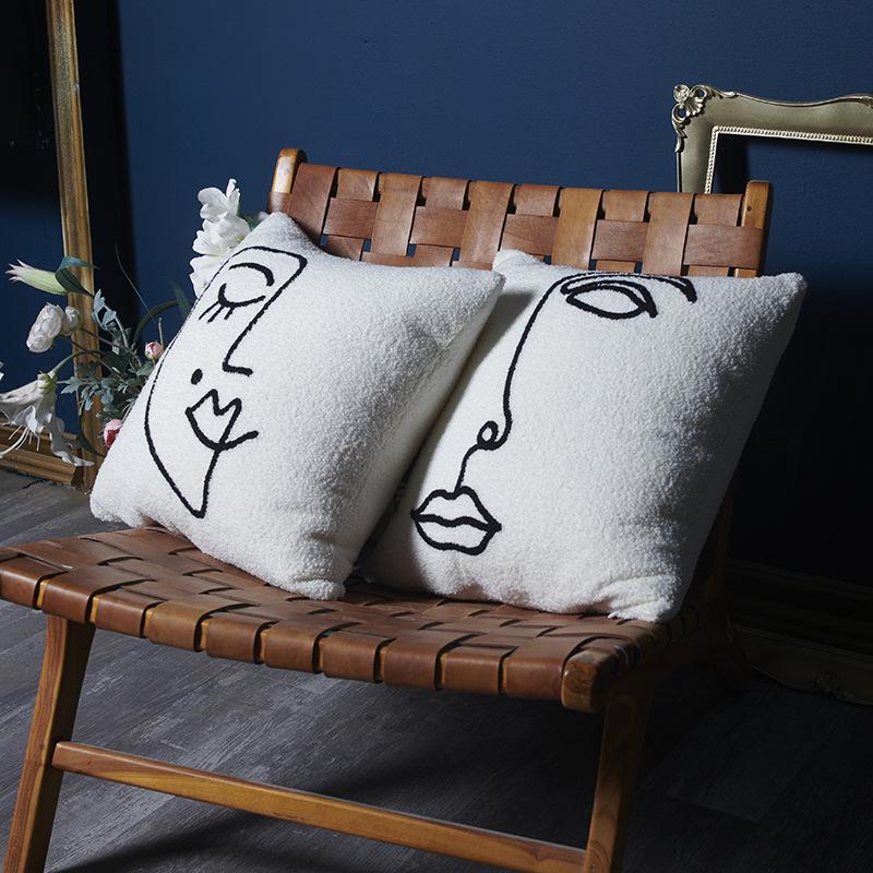 Face Simple Line Embroidery Cushion Cover Cushion Cover Teddy Velvet Sofa Living Room Abstract Bedside Pillow Cover