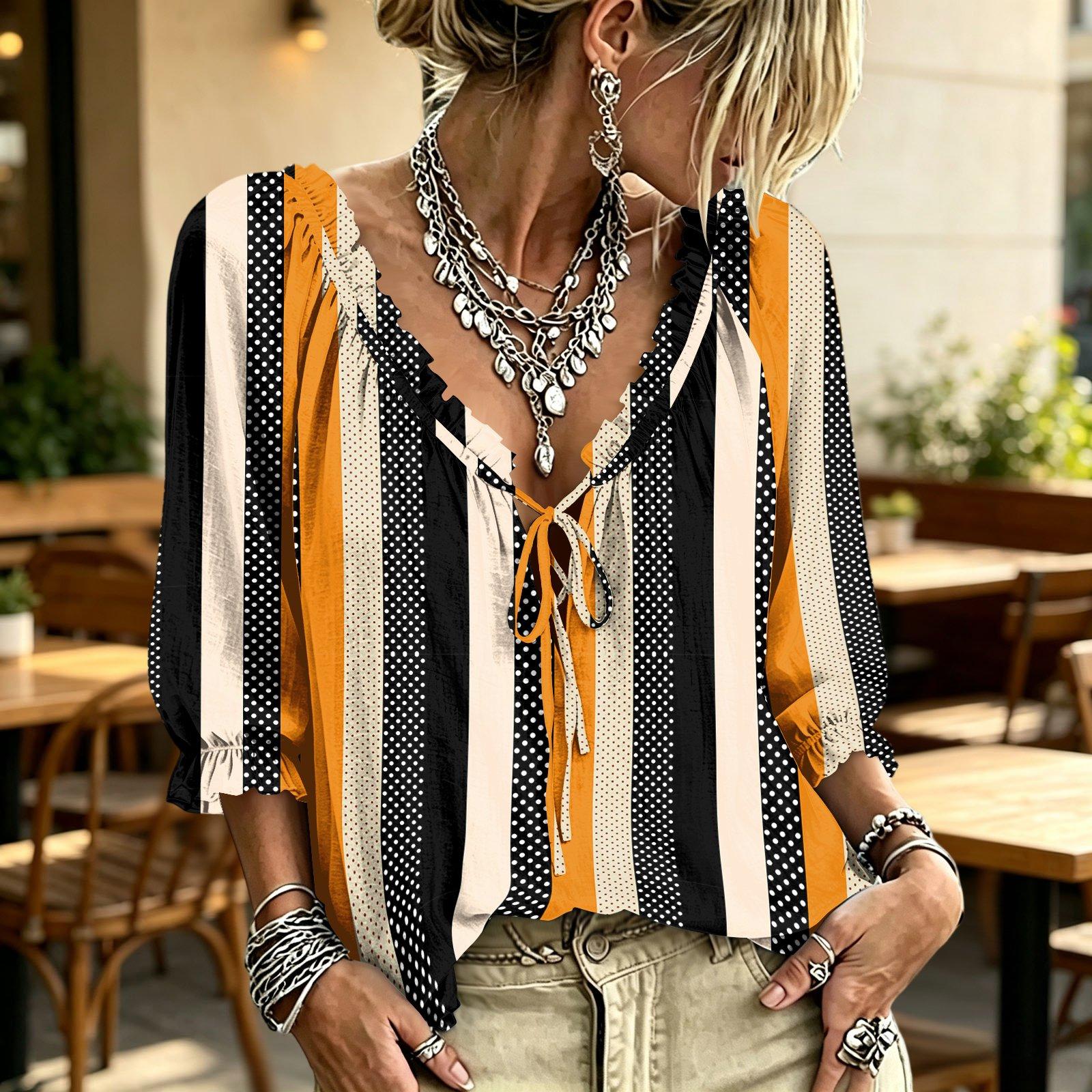 Women s Striped V-Neck Blouse with Tie Front and Ruffle M