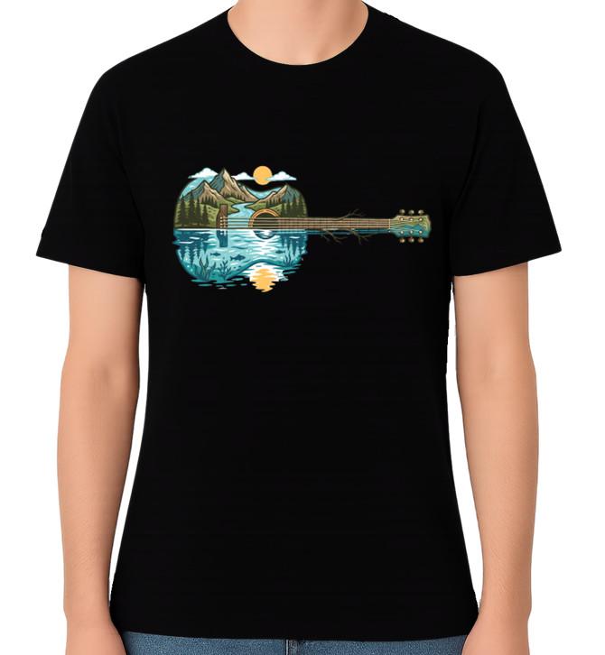 Mountain Guitar Lake Scene Unisex Graphic T-Shirt Music Nature Tee S