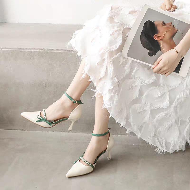French bow bag head sandals women's summer new one-word with hollow high heels women's thin heel pointed single shoes