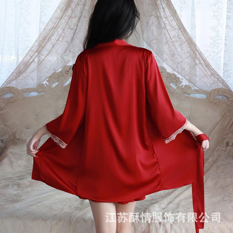 Crispy New Spring and Summer Comfortable Pajamas Backless Sweet Embroidered Lace Suspender Pajamas Women's Cardigan Loungewear Set