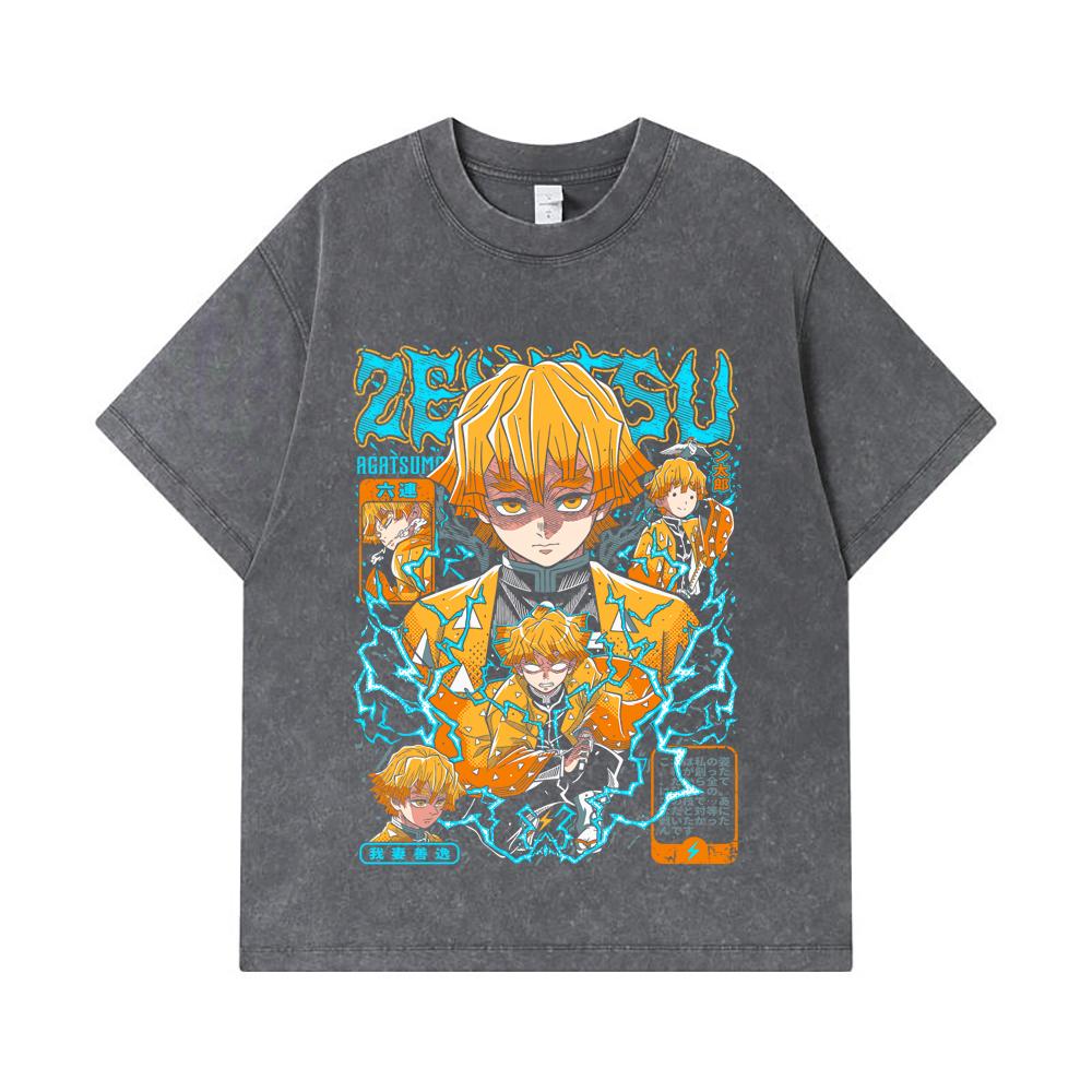 275 GSM Washed T-shirts 100% Cotton Demon Slayer V100 Zenitsu Print Unisex Heavy Cotton T Shirt