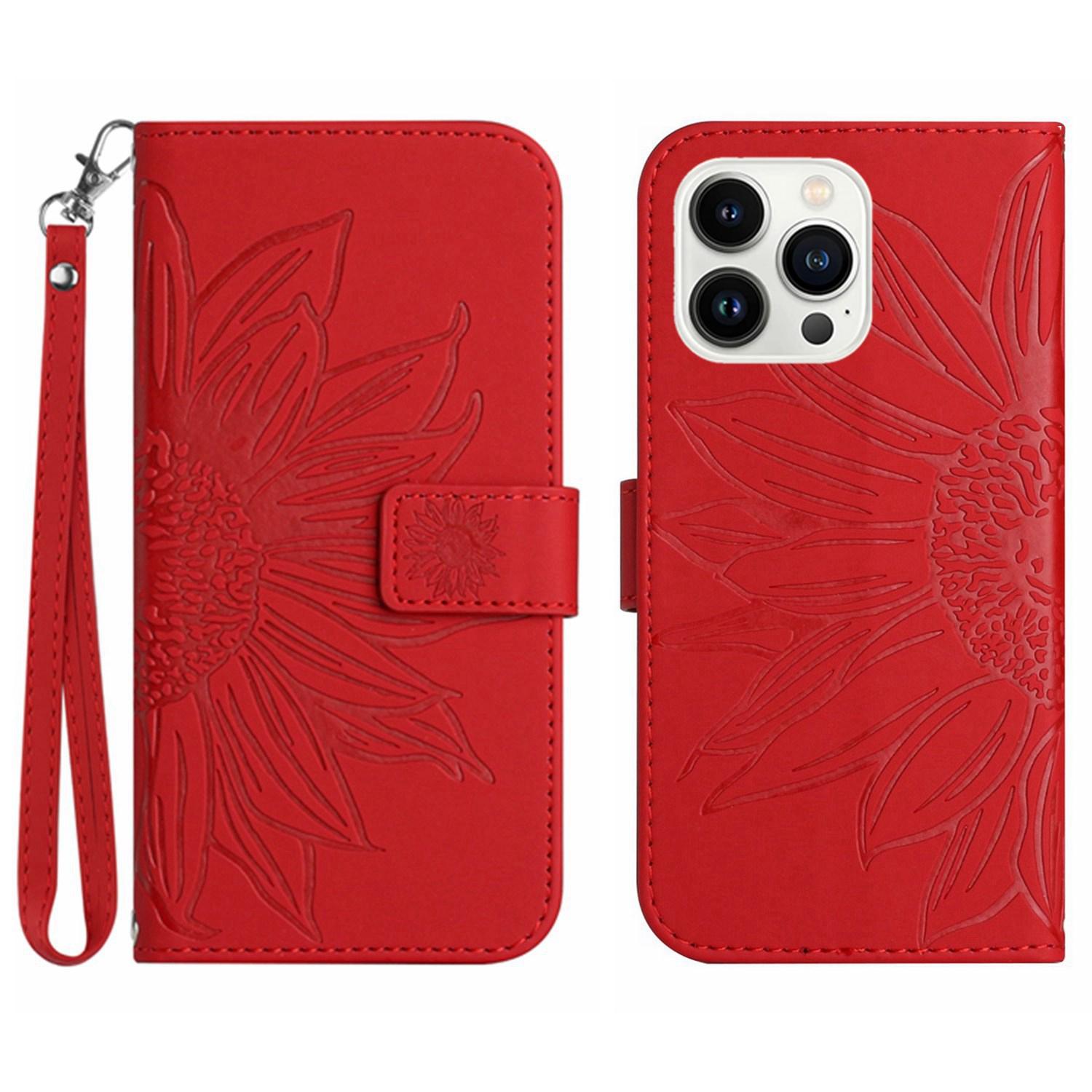 

HT04 For iPhone 16 Pro Max Case Sunflower Leather Handbag Flip Phone Cover Red