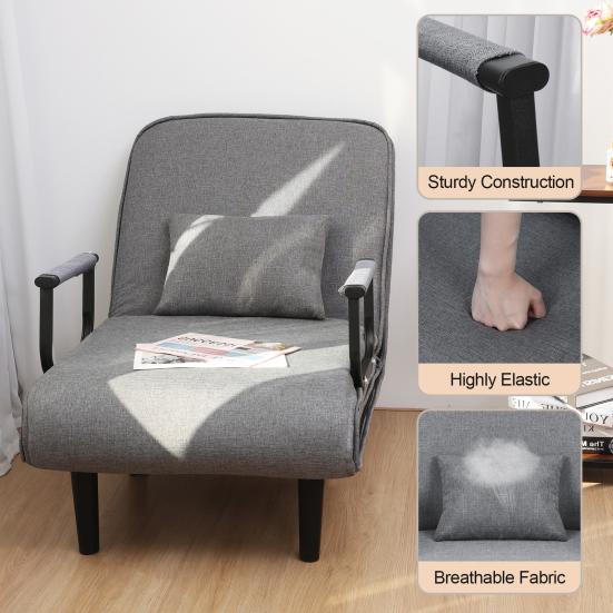 3-in-1 Schlafsofa Reißverschlussbezug Sessel Bett Umwandelbares Schlafsofa mit verstellbarer Rückenlehne Ausklappbarer Stuhl Bett für Wohnung Büro Grau
