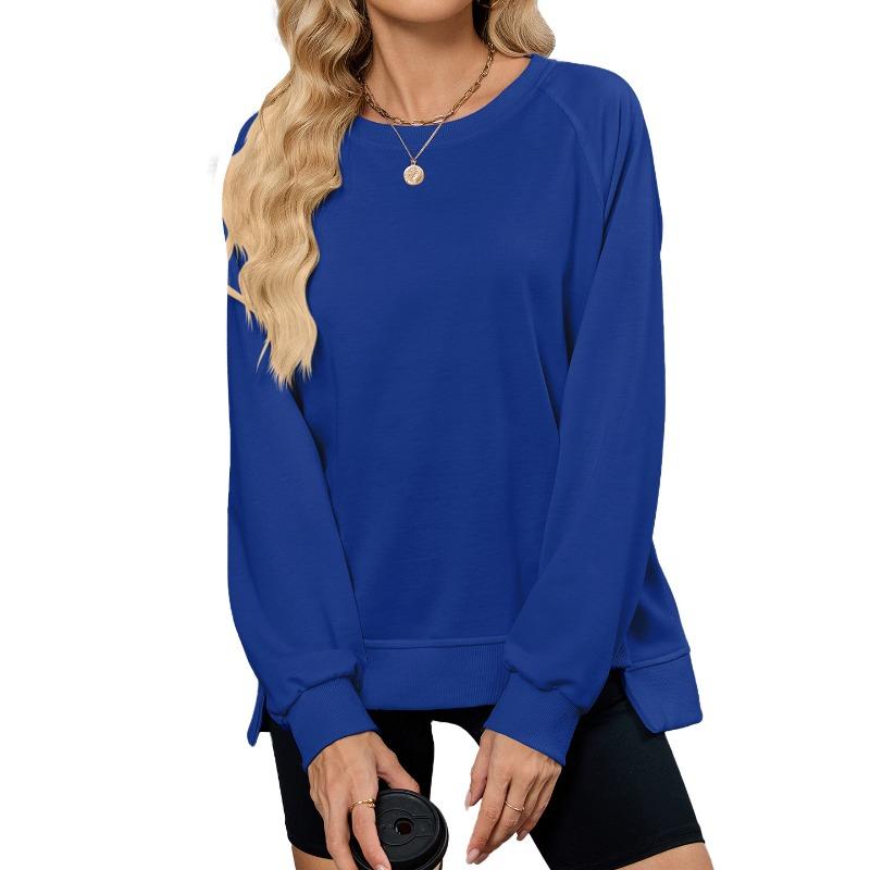 Damen Herbst und Winter Neu Einfarbig Gerippt Rundhals Langarm Lockeres Sweatshirt Top