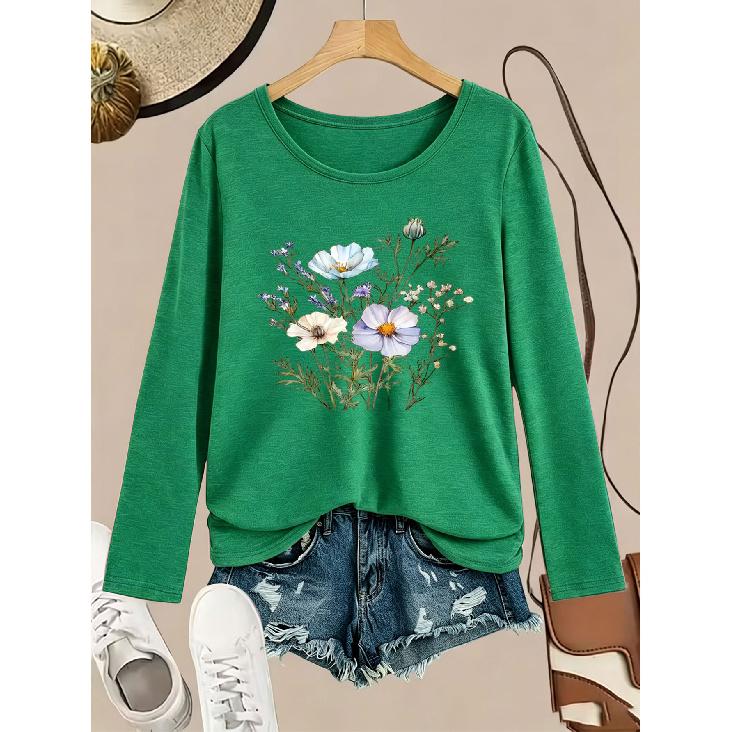 1Pieces Women's Round Neck Long Sleeve T Shirt Floral Print All-Season Casual Wear Shipped from Local Warehouse Everyday Versatile Top Perfect