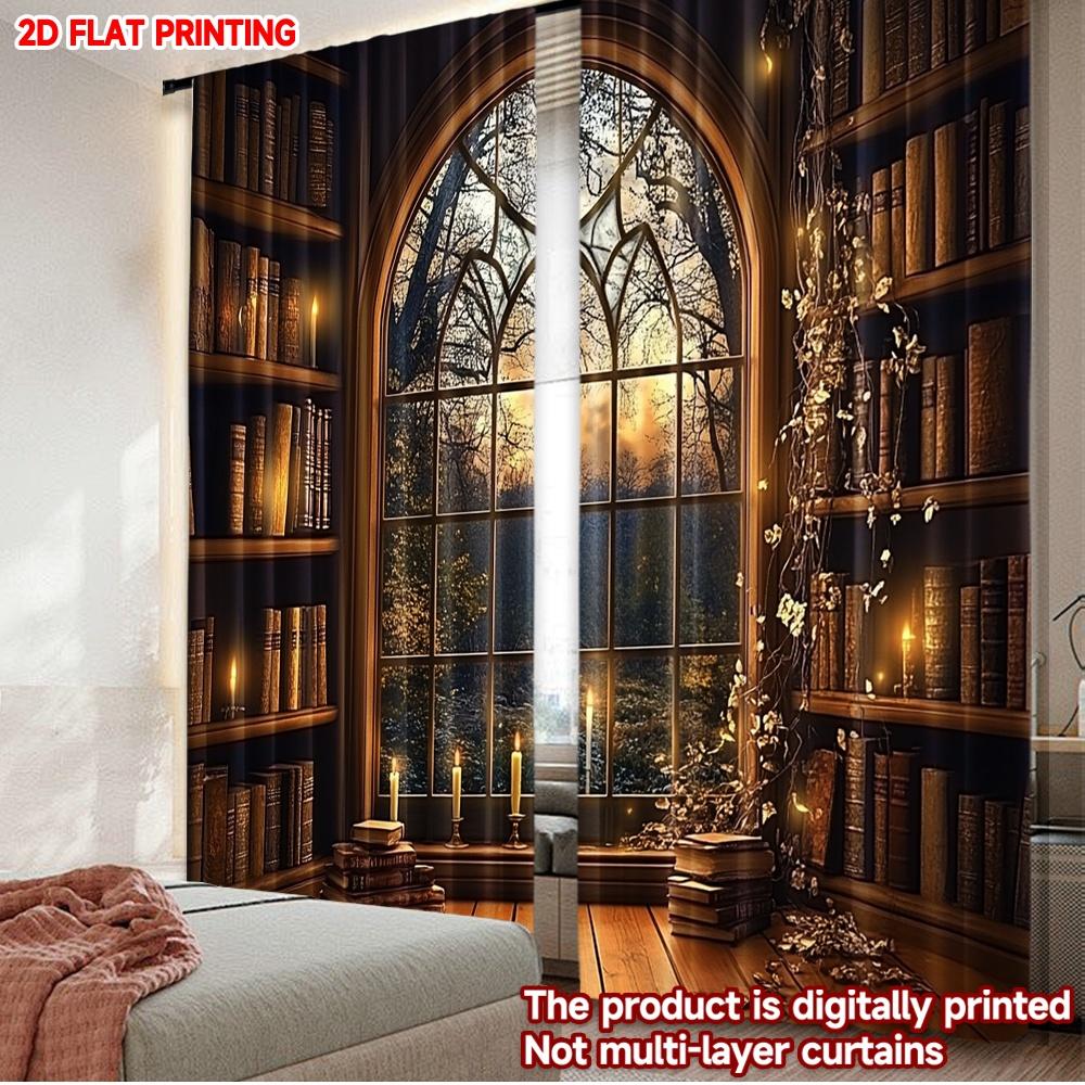 Arch Window Forest Library Curtains Cozy Bookshelf Mysterious Dark Woods View Single Layer Realistic Scene Curtain Set Of 2 Made Polyester Washable W100*H70(CM)-Grommet top&1PCS