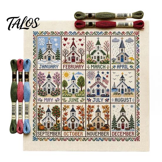 Twelve Month Decorative Wall Art 12-Month Cross Stitch Kit, DIY Four Seasons Embroidery Seasonal Monthly Kit Stamped Stitching Craft Set for