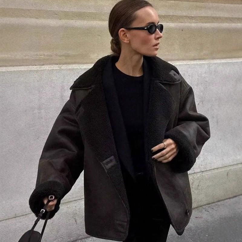 Womens Faux Suede Fur Lined Jacket Winter Warm Casual Streetwear Coat