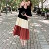 Women's Mid-Length A-line Patchwork Dress, Loose Fit, Short-Sleeved, Over-the-Knee, Summer Style