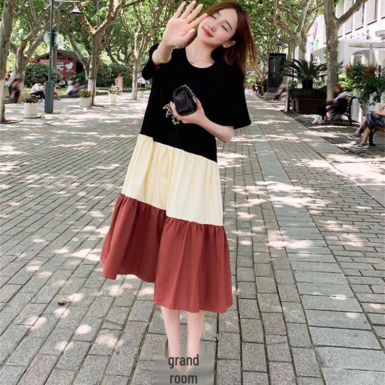 Women's Mid-Length A-line Patchwork Dress, Loose Fit, Short-Sleeved, Over-the-Knee, Summer Style