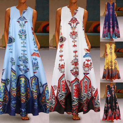 Summer Dresses for Women Miuye Women Plus Size Bohemian O-Neck Floral Print Vintage Sleeveless Long Maxi Dress