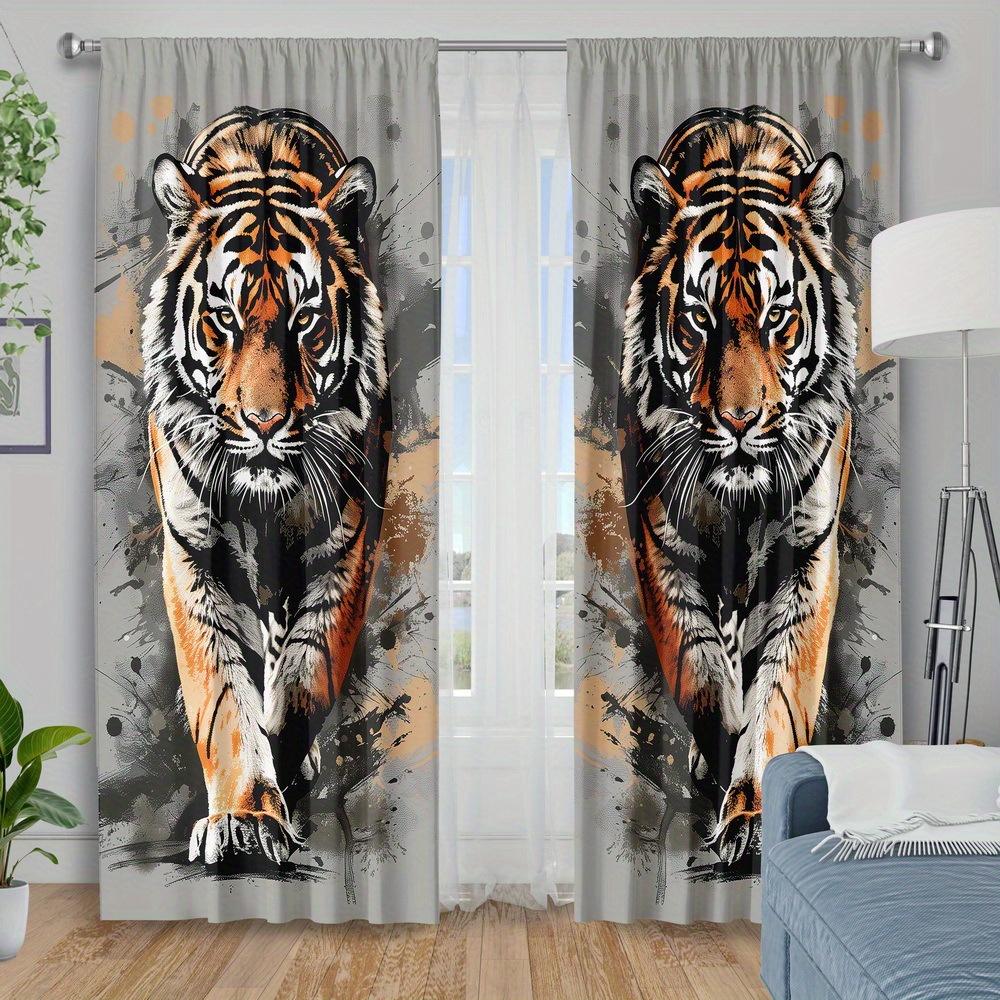 2 Panels Tiger Printed Curtains Ink Splash Animal Pattern Polyester Living Room Bedroom Window Drapes Home Decor