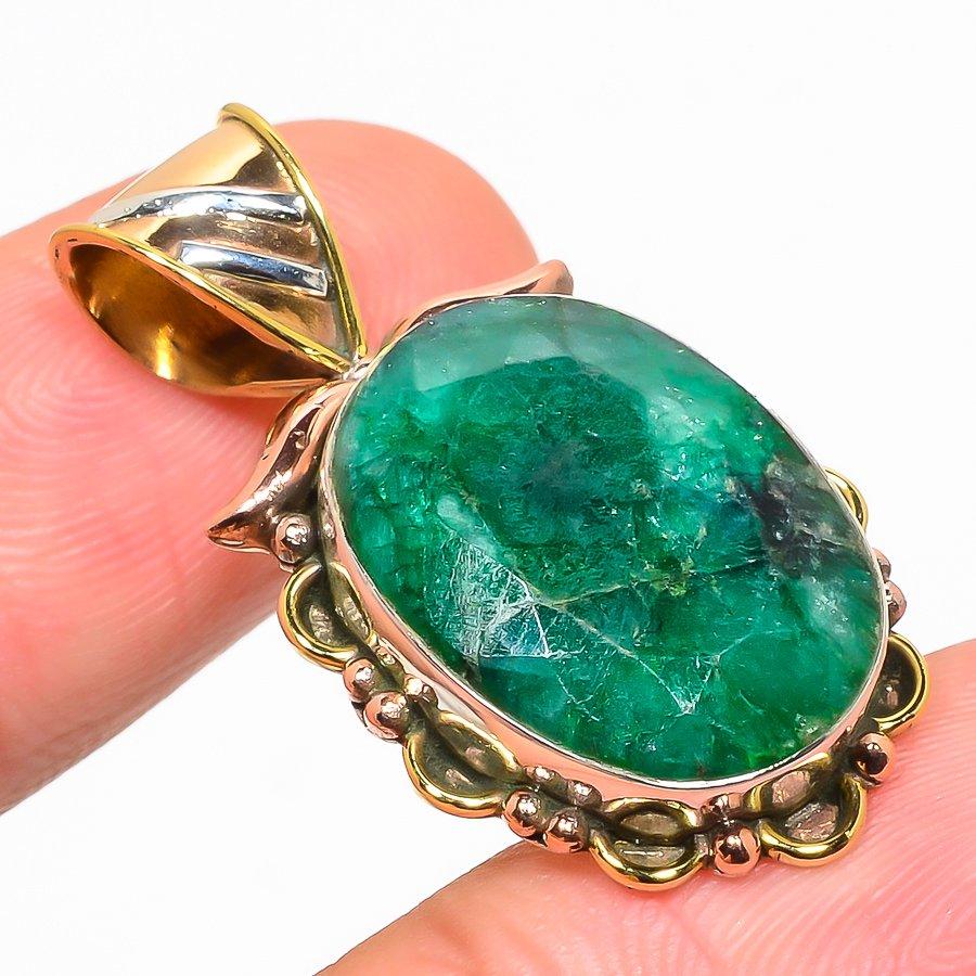 Emerald(Simulated) Handmade 925 Sterling Silver Gift Two Tone Pendant 1.50" l6f08
