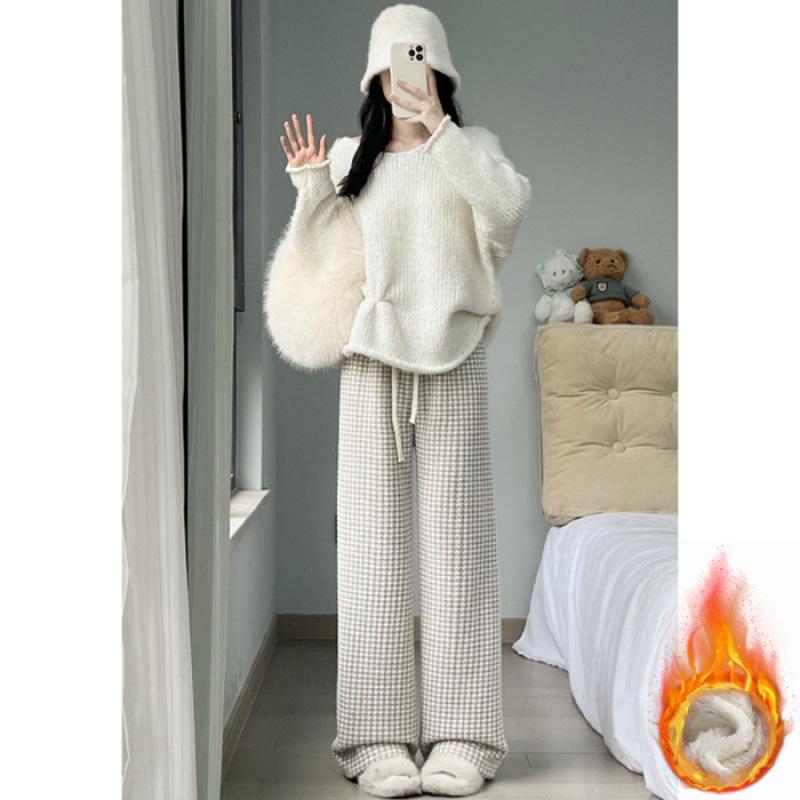 Autumn and winter new lazy style casual pants women's drape straight thin lamb wool thousand bird grid wide leg pants