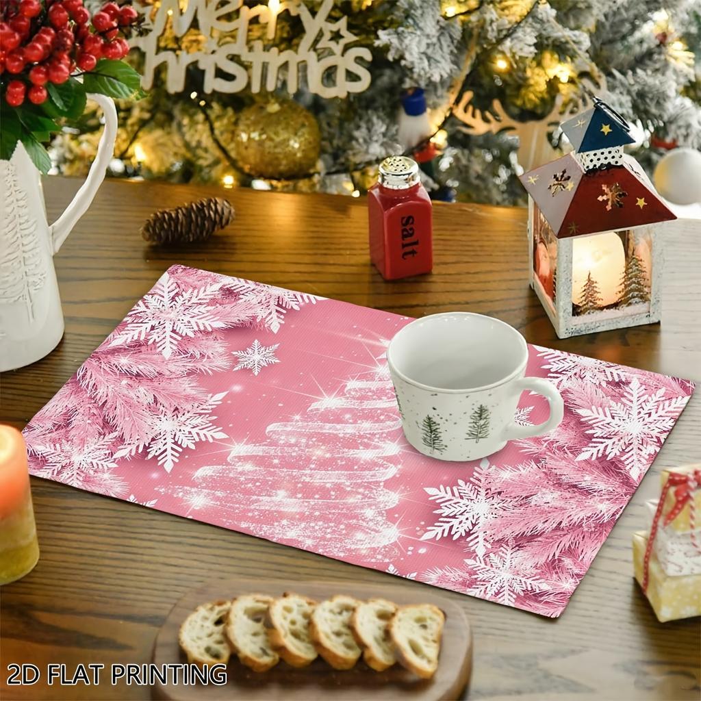 4pcs/6pcs Pink Glitter Christmas Table Mats Suitable for Xmas Tree Decoration, Vintage Rectangular Placemats with Glitter Xmas Tree Print, Hand Washab