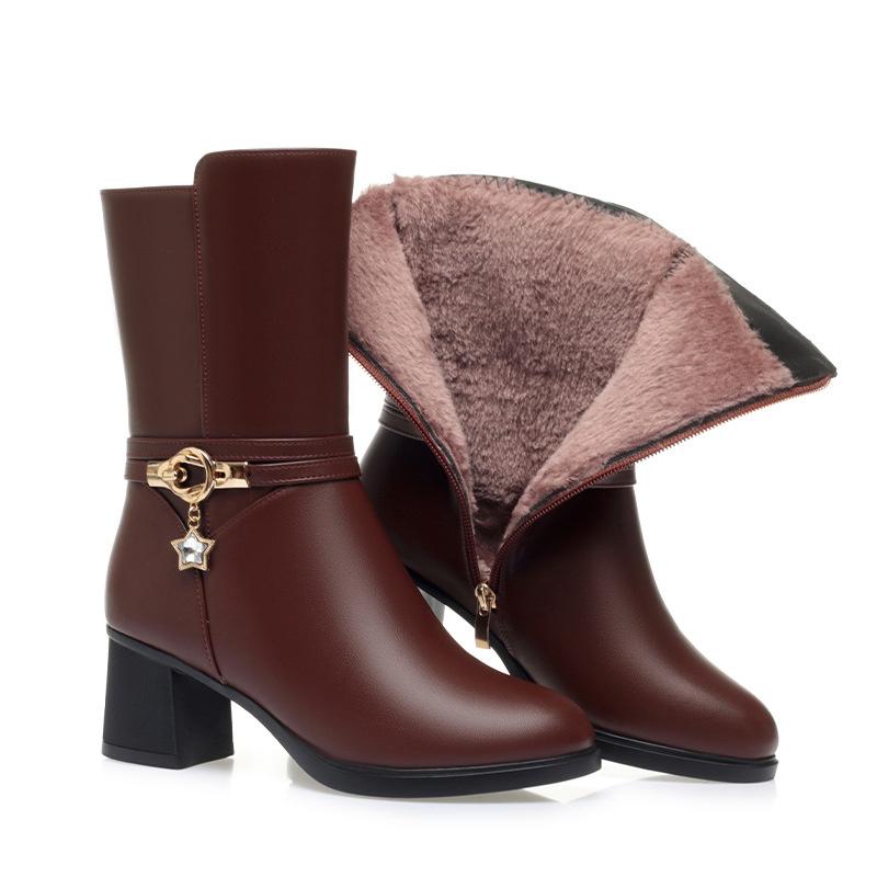 Woman Winter Warm Plus Fleece Snow Wedge Heel Boots Pu Leather Boots Flat Bottom Middle Tube Mother Comfort Cotton Shoes