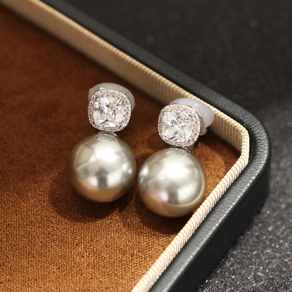 Princess square stone-set large pearl earrings, gold-plated multi-color 925 silver needle earrings, versatile without pierced earrings, earrings for