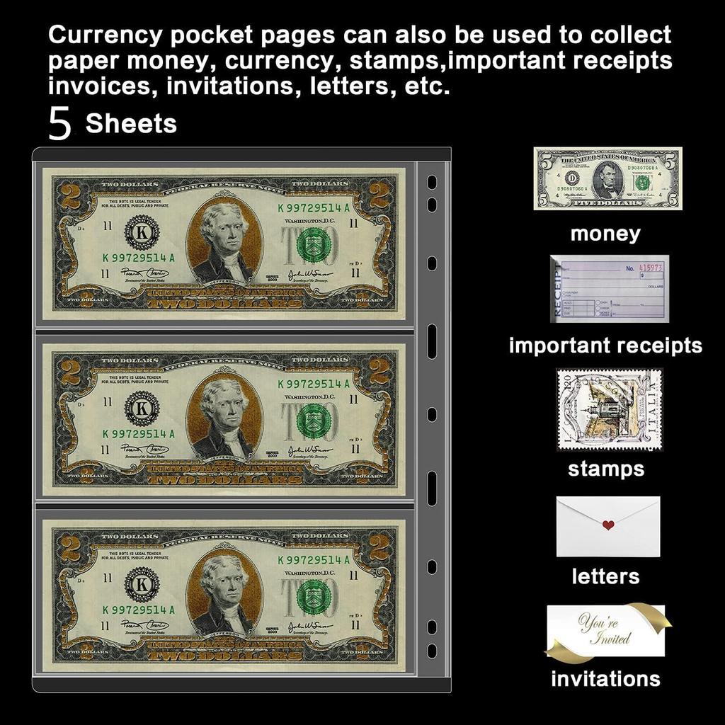 1 libro da collezione, 32 * 25,5 cm, PU cucito a mano, può contenere monete, francobolli, banconote, carte, ecc., incluse 15 pagine interne, con 3 dimensioni da 5 ciascuna
