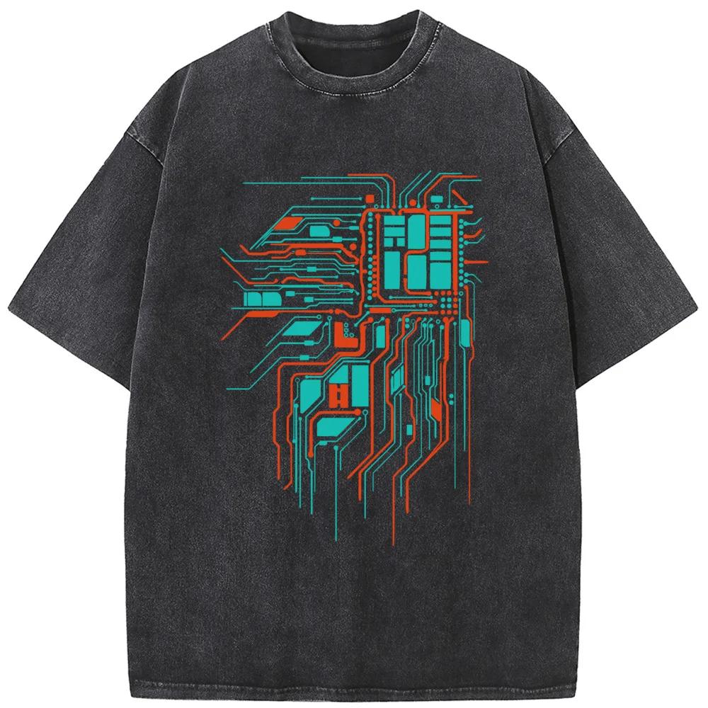 Integrated Circuit Unisex Washed T-Shirt Novelty 230g Cotton Summer O-Neck Bleached Tshirt Funny Casual Loose Bleach Tops Tee S