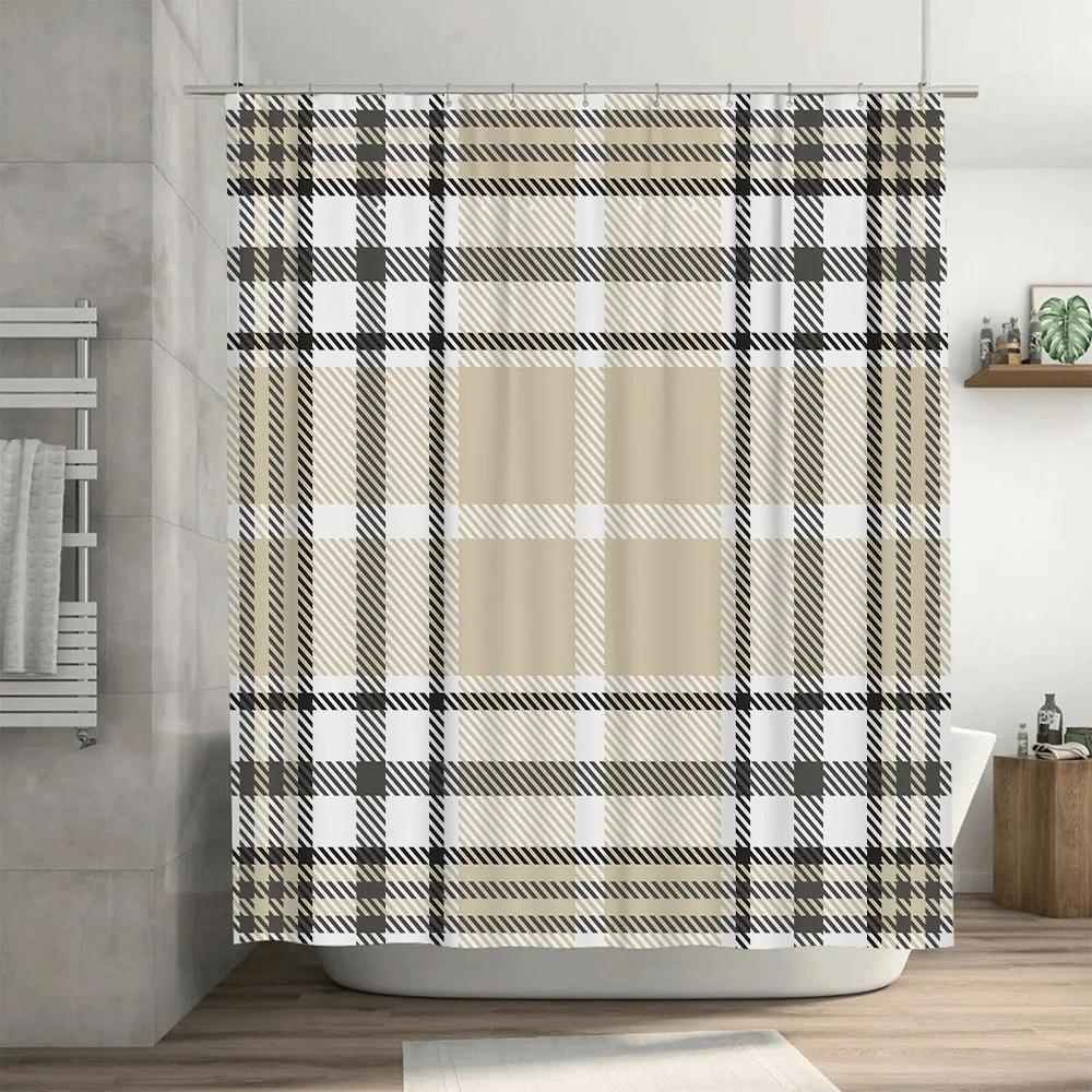 Bath Shower Curtain Checkered Plaid Black White Home Decor Waterproof Rectangular Tub Rug Set Bathroom Fabric Shower Curtains Wi