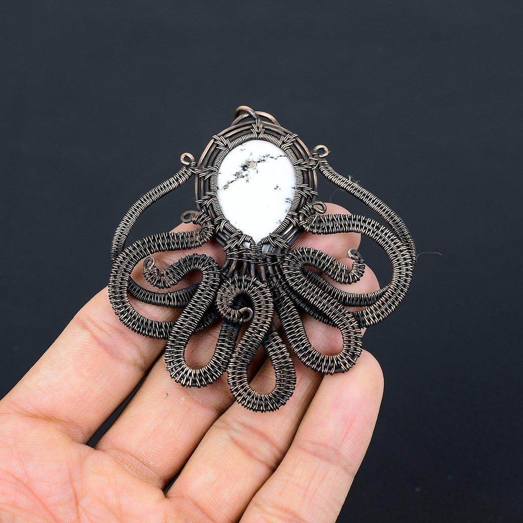 Dendrite Opal 999 Copper Wire Wrapped Pendant, Handmade Gemstone Jewelry Pendant Gift For Birthday